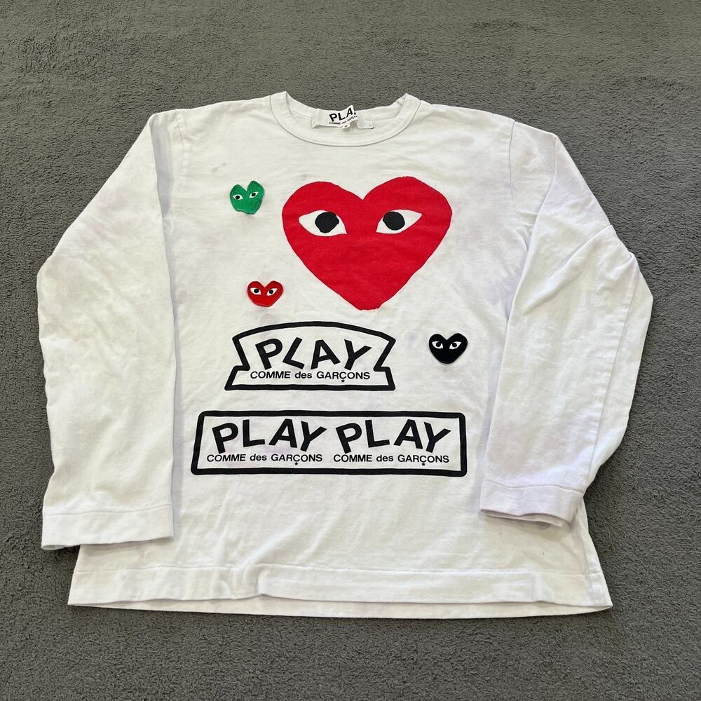 Comme des Garçons PLAY White Long Sleeve T-Shirt Red Multi Logo Women's Size S
